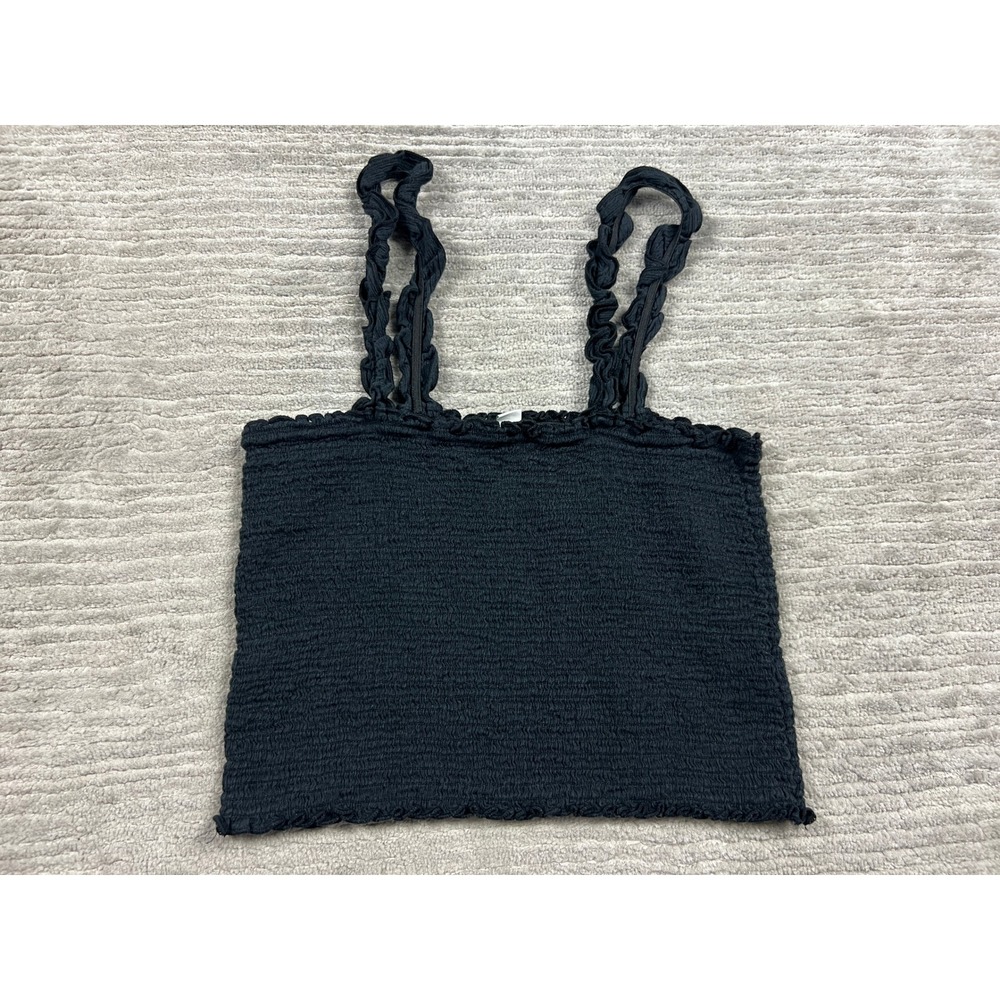 Aerie Crop Top Womens Medium Black Smocked Ruffle Strap Boho Tank